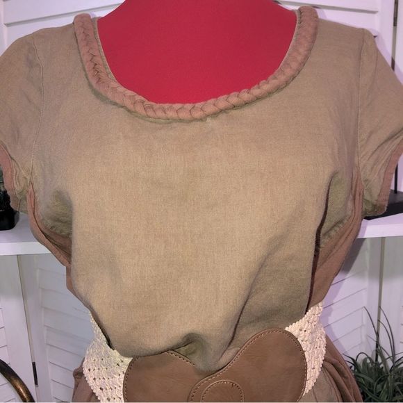 Vintage 70s hippie boho brown dark beige mini dress Sz L - Picture 6 of 8